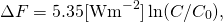 \begin{equation*} \Delta F = 5.35 [\mathrm{Wm^{-2}}] \ln (C / C_{0}), \end{equation*}