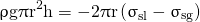 \begin{equation*} \mathrm{\uprho g \uppi r^{2} h = -2 \uppi r \left(\upsigma_{sl} - \upsigma_{sg} \right)} \end{equation*}