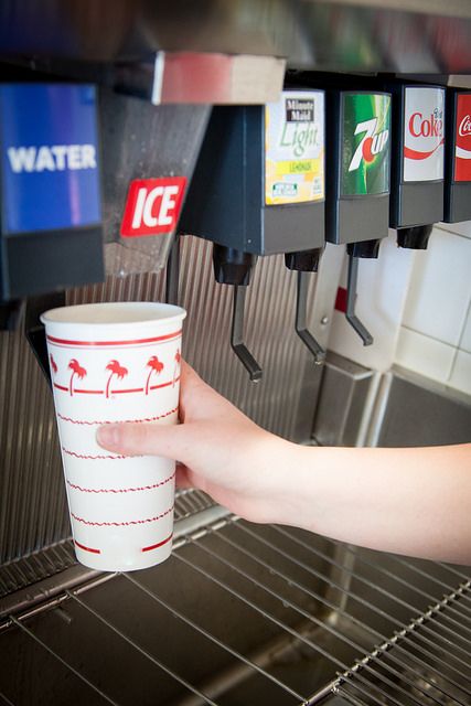 person filling up soda cup at soft drink dispenser by Franchise Opportunities, 2017