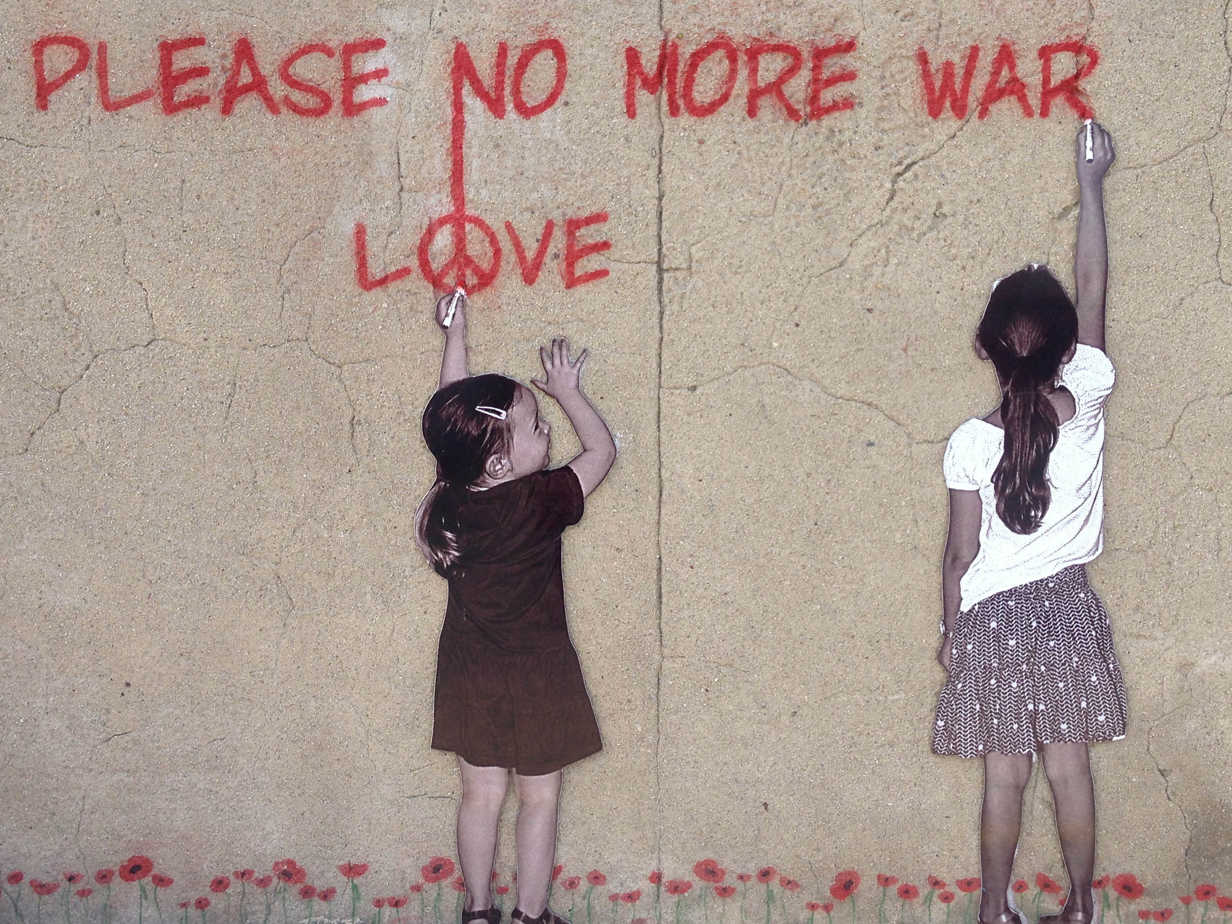 mural of two girls writing 'Please no more war' and 'Love' (link to file)