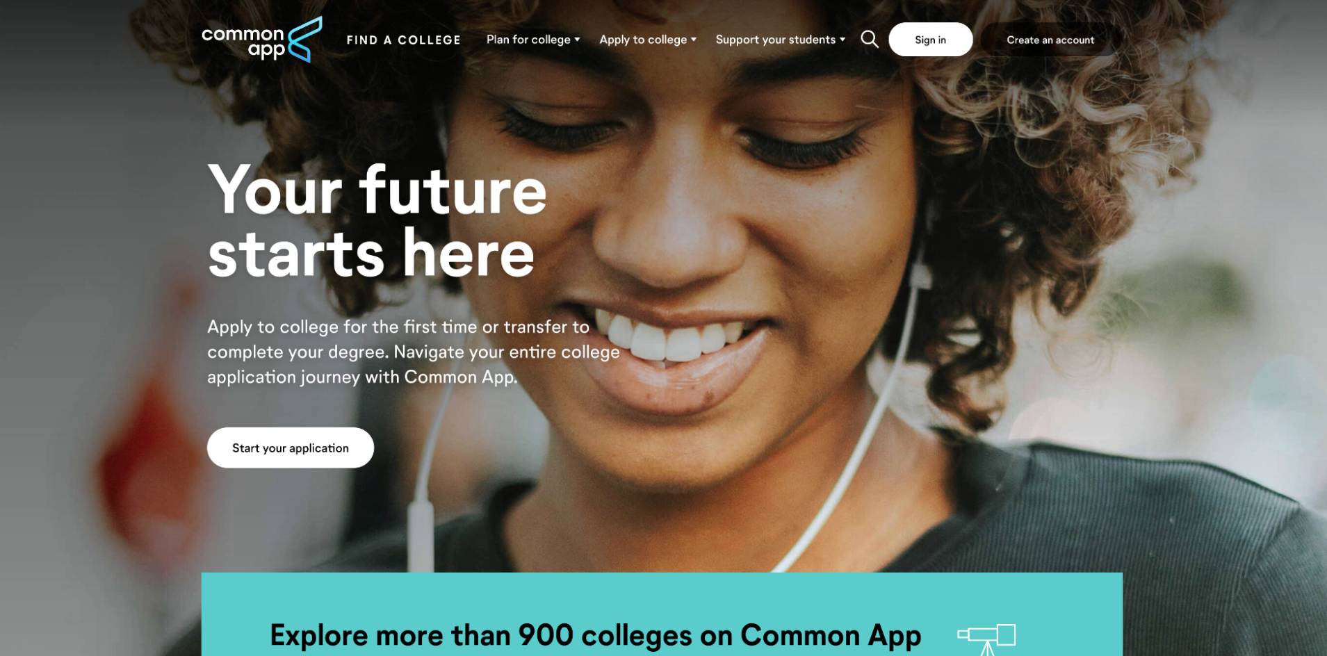 Screenshot of the landing page for Common App's website with text reading "Your Future Starts Here."