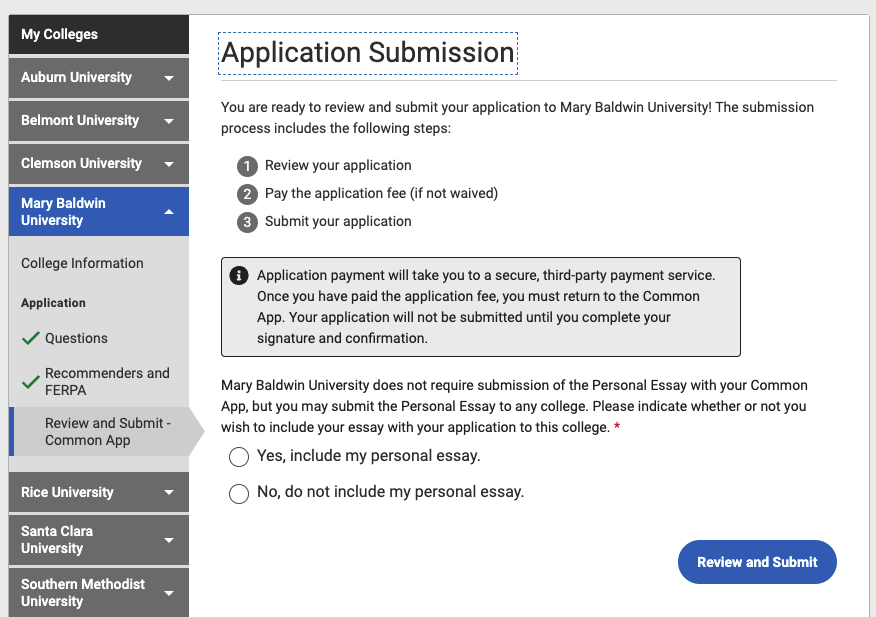 Screenshot of the application submission page in Common App.