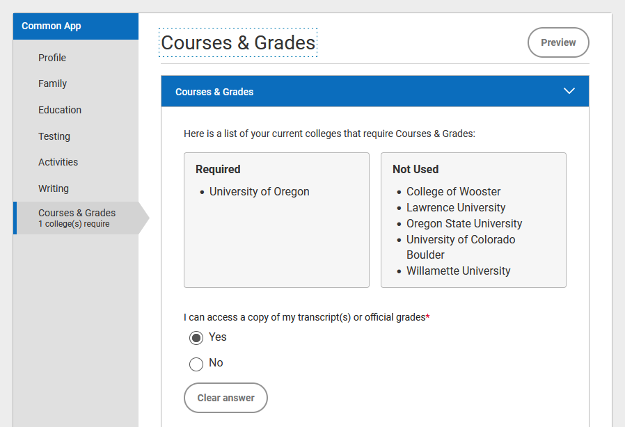 Screenshot of the Courses and Grades section, within the Common App tab, in Common App.