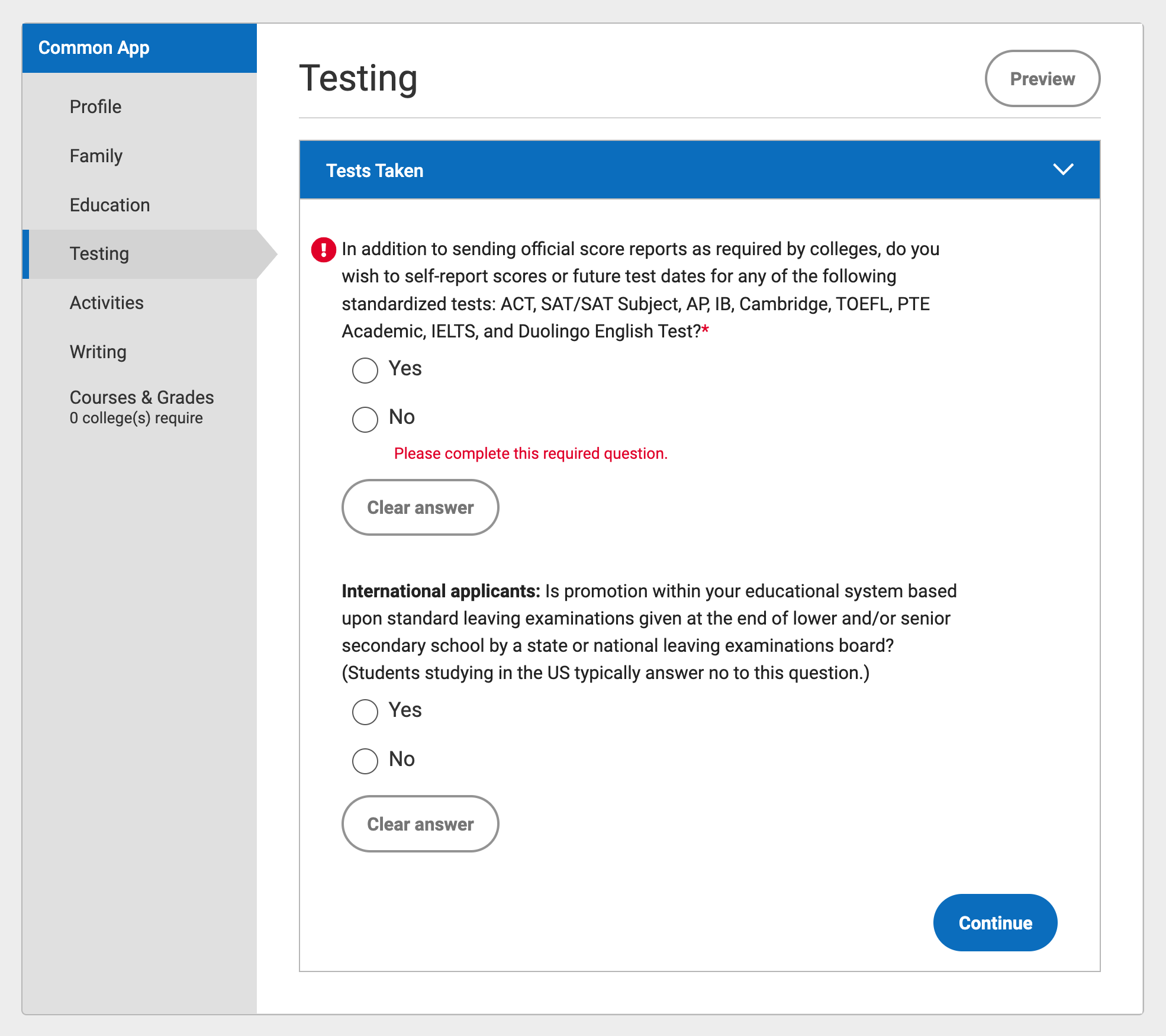 Screenshot of the Testing section, within the Common App tab, in Common App.