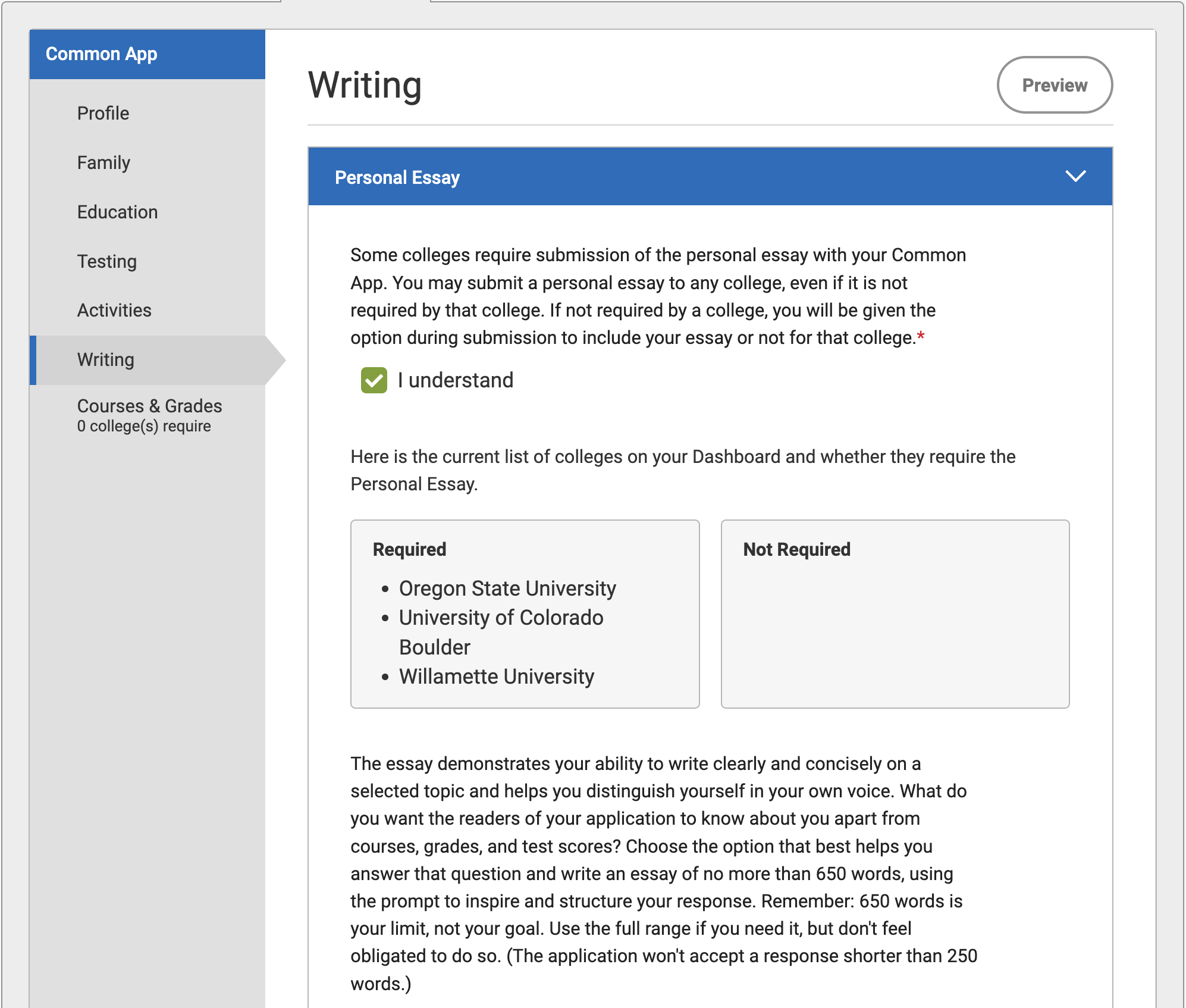 Screenshot of the Writing section, within the Common App tab, with the title Personal Essay, in Common App.