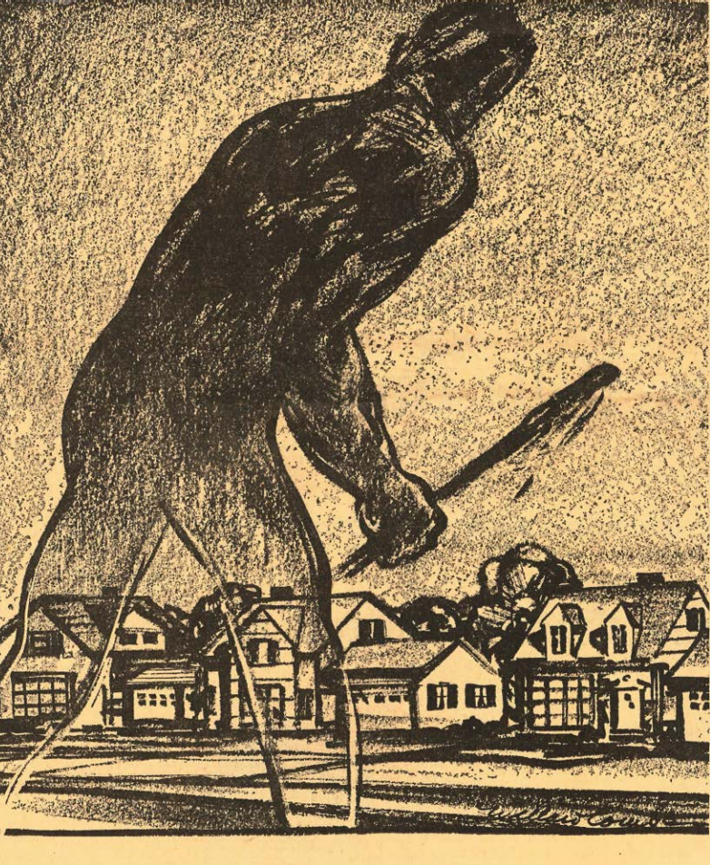 Cleveland Press sketch of semi-transparent, menacing figure overlooking neighborhood
