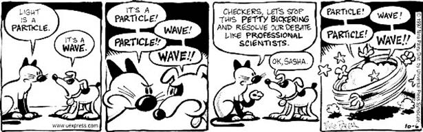 Comic strip with a cat and dog arguing about whether 'light' is a particle or a wave