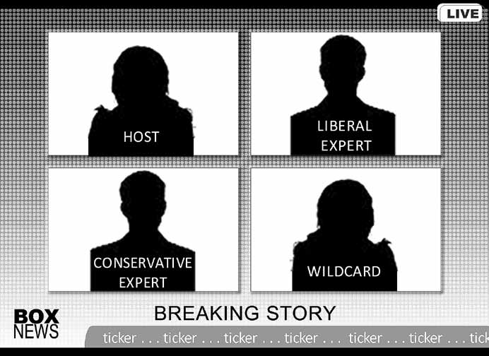 Four headshot silhouettes labelled 'Host,' 'Liberal Expert,' 'Conservative Expert,' and 'Wildcard'