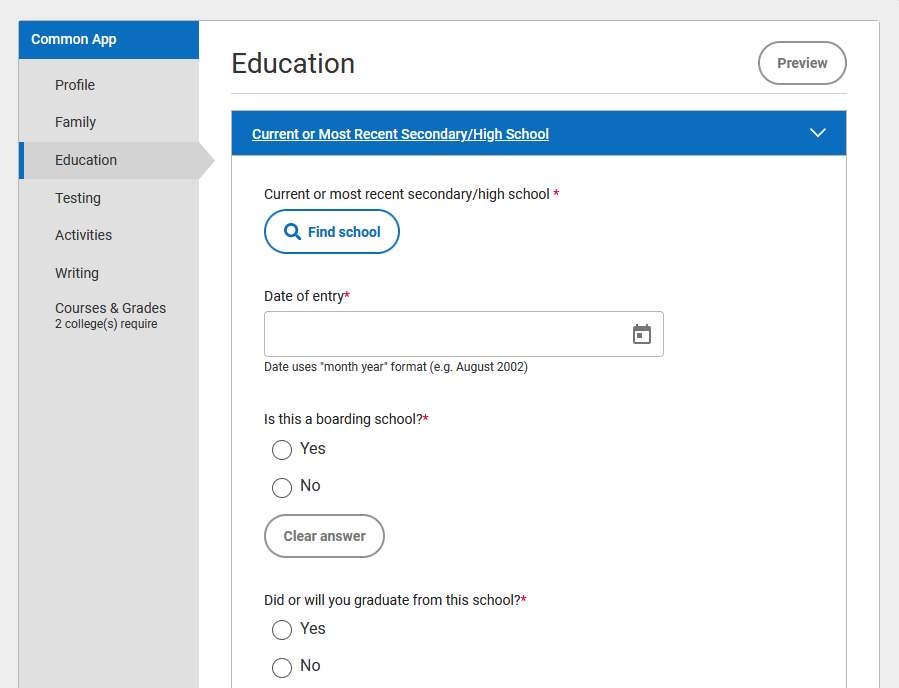 Screenshot of the Education section, within the Common App tab in Common App.