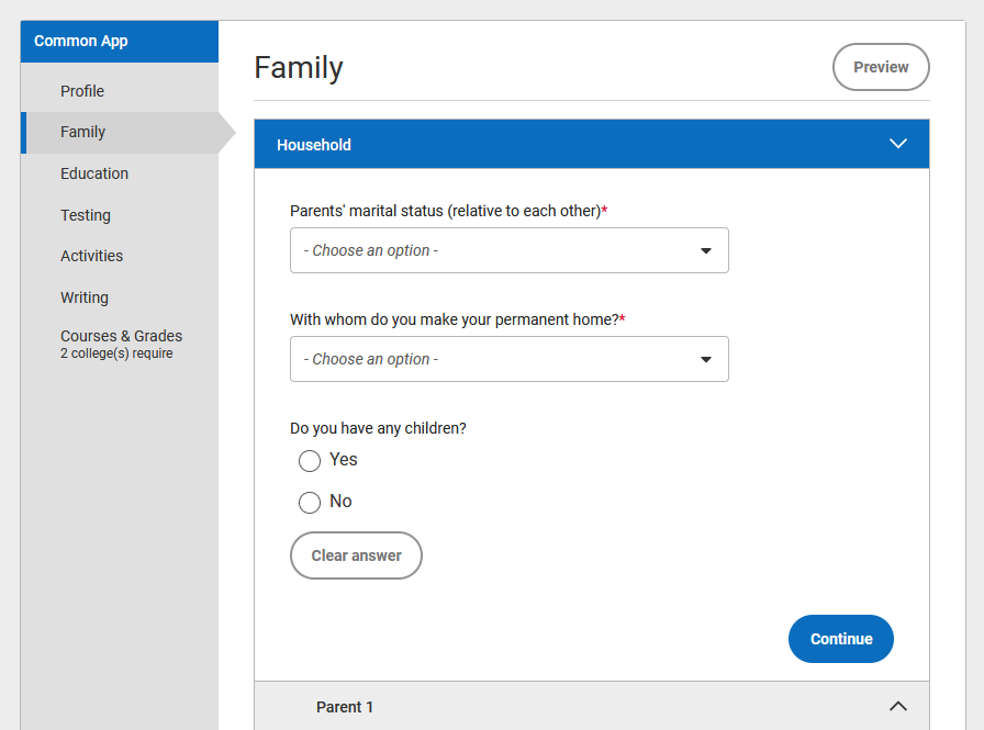 Screenshot of the Family section, within the Common App tab, in Common App.