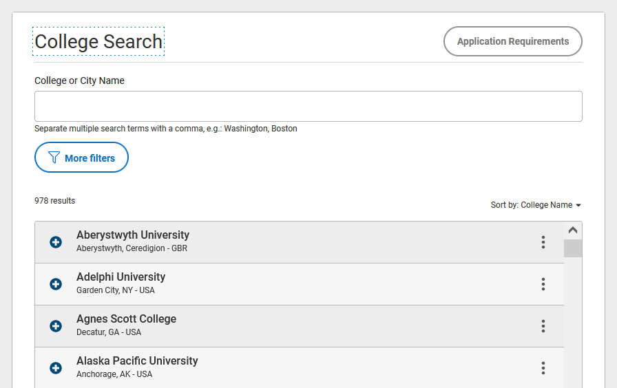 Screenshot of the College Search tab within Common App.
