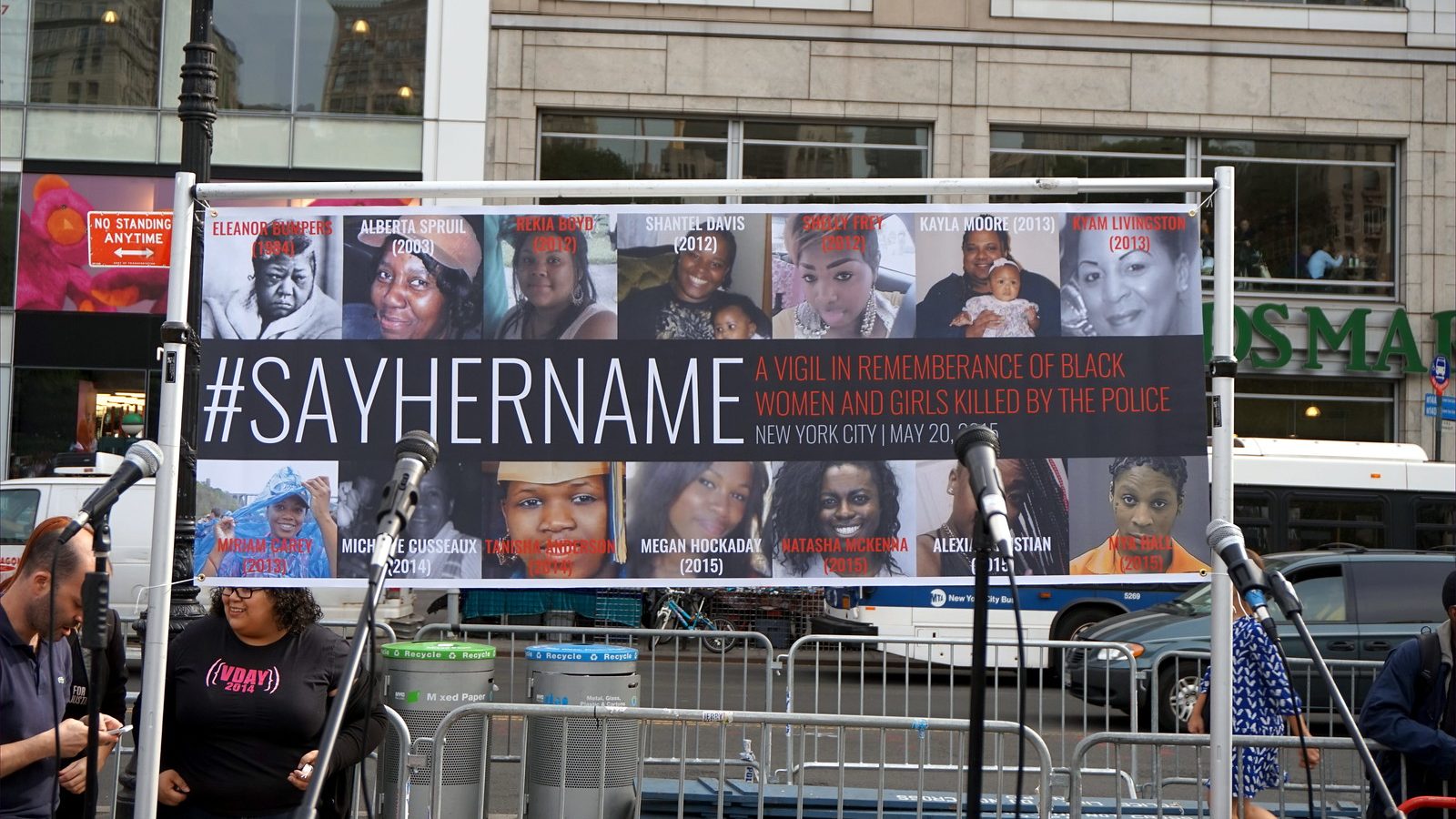 A banner drawing attention to a vigil in remembrance of Black women and girls killed by the police