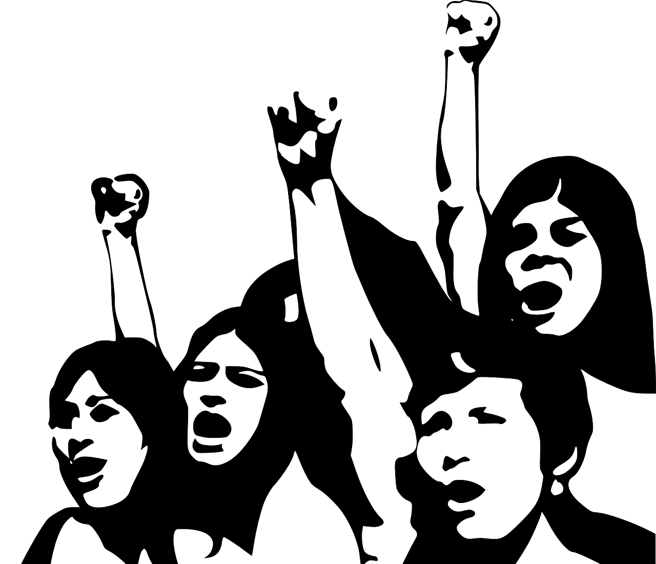 Black and white artistic rendering of women protesting with raised fists