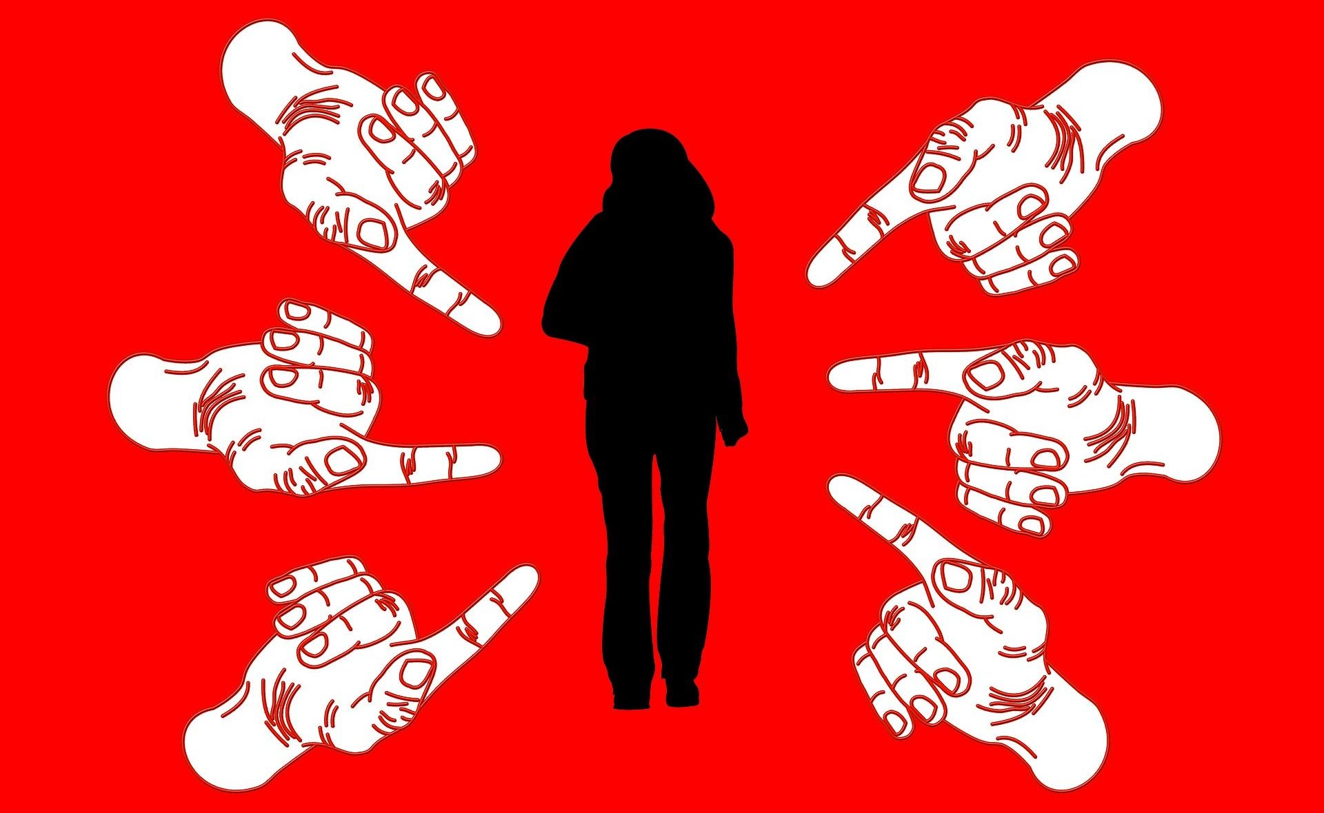 Against a red background, white silhouettes of hands point fingers at a black silhouette of a woman