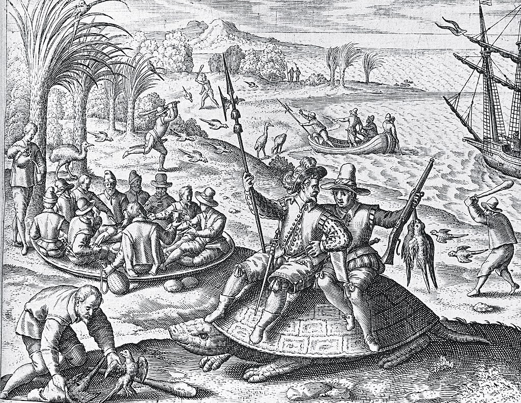 Print of sailors on beach. In the foreground, two people sit atop a giant tortoise