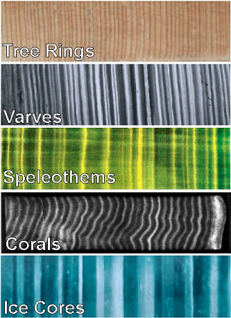 Images of layered paleoclimate archives. From top to bottom: tree rings, varves, speleothems, corals and ice cores