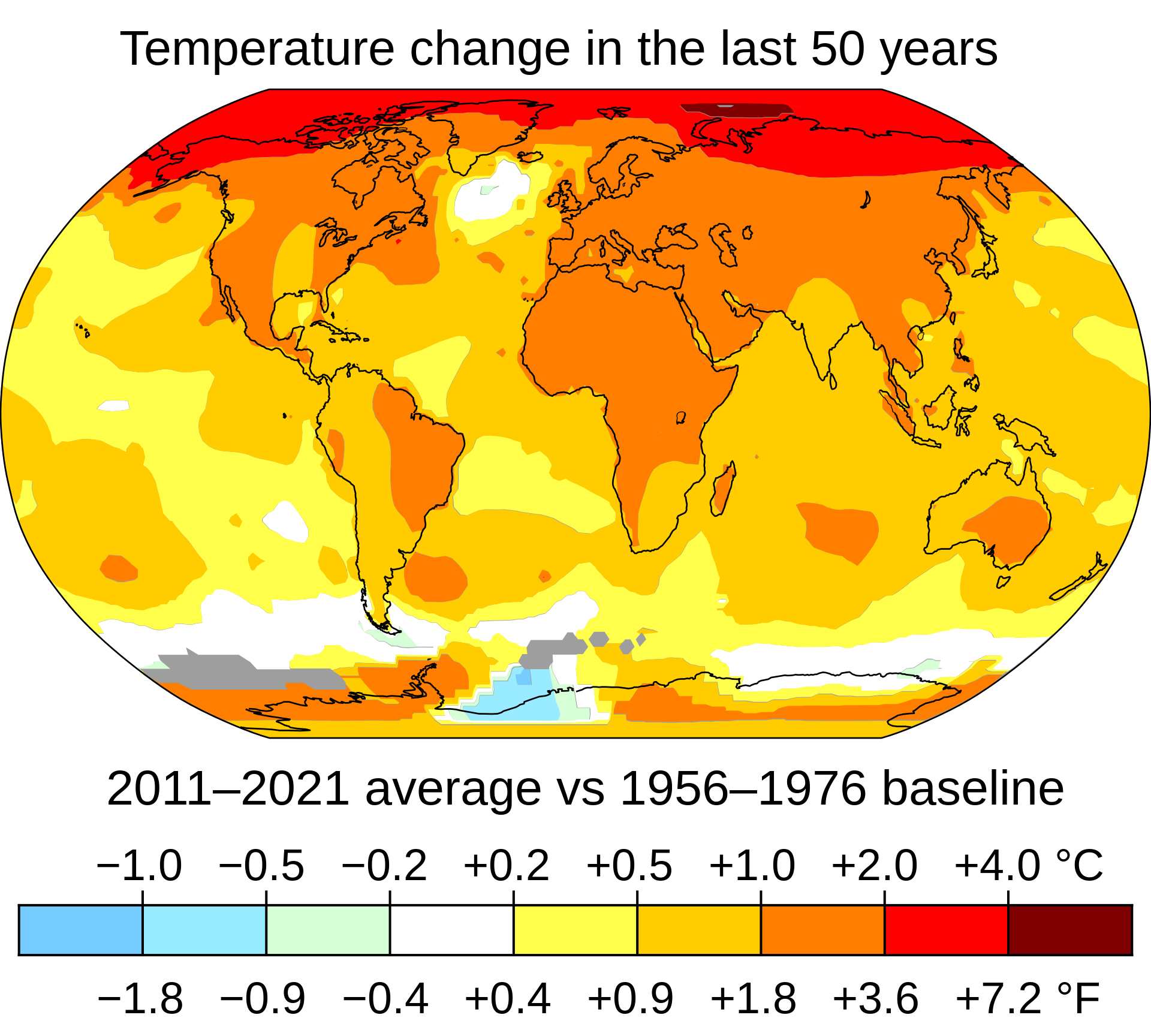 Map of temperature changes 2011-2021 vs 1956-1976
