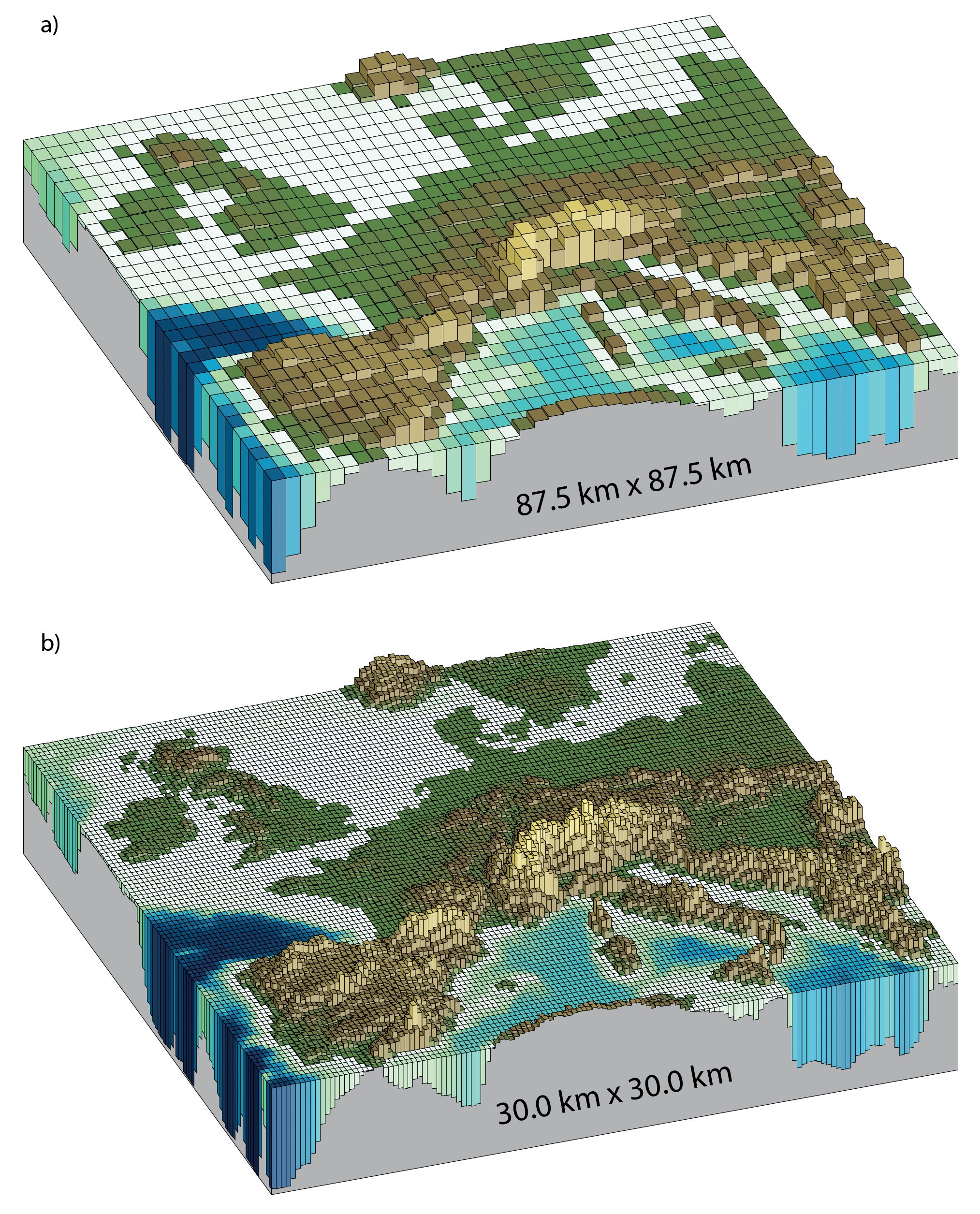 Map of Europe's topography at two different model resolutions.