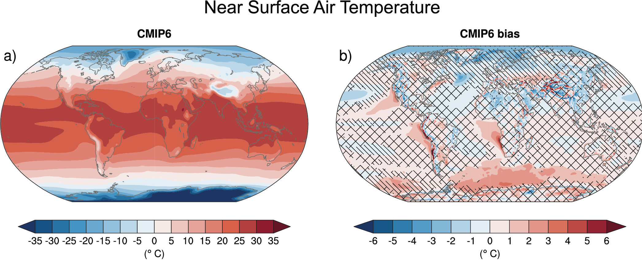 Maps of surface temperatures from CMIP6 climate models (left) and multi-model mean biases (right).