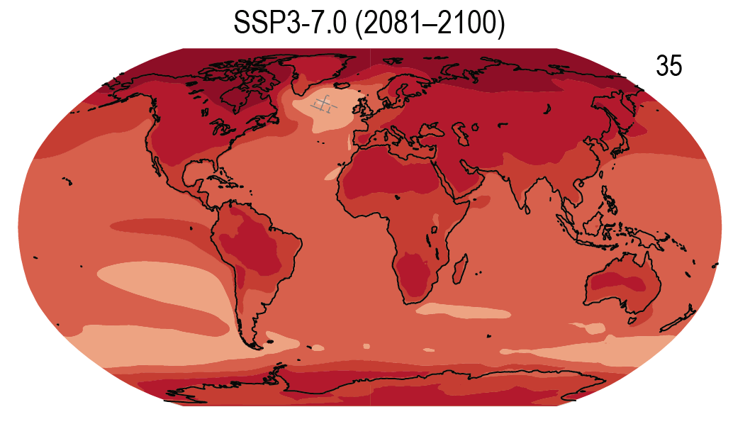 Map of surface temperature changes for scenario SSP3-7 at years 2081-2100