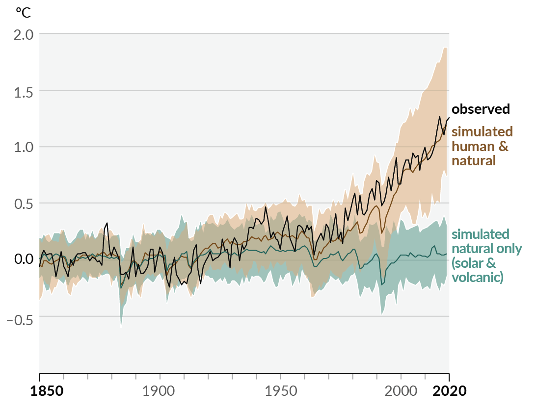 Timeseries of global temperature in models driven with anthropogenic and natural forcings compared with observations.