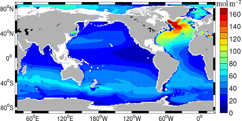 Anthropogenic carbon in the ocean estimated from observations (Khatiwala et al., 2013). From rapid.ac.uk.