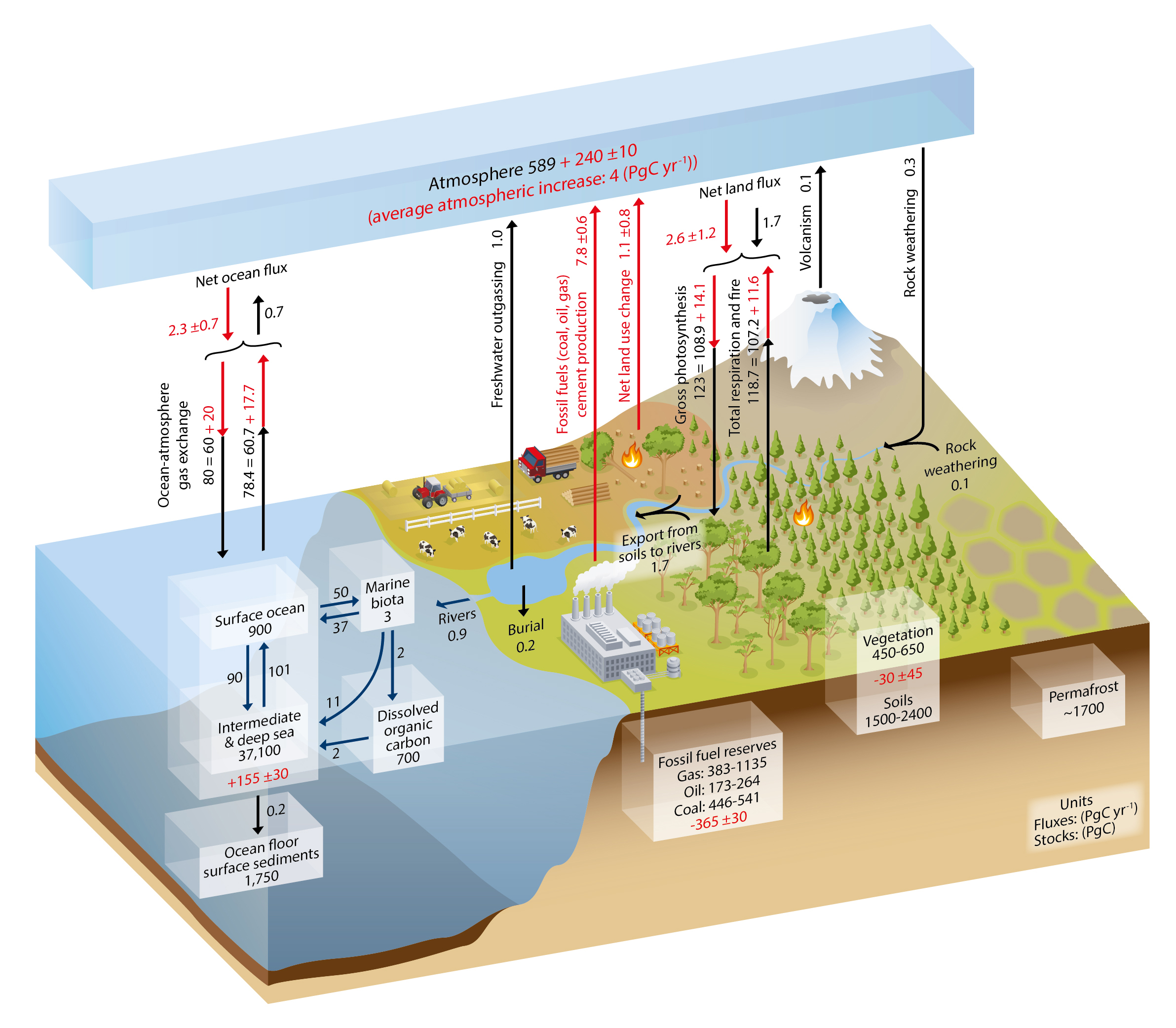 The Carbon Cycle. Numbers in boxes represent reservoir mass, also called carbon stocks, inventories, or storage in PgC (1 Pg = 1015g = 1 Gt). 2.1 PgC = 1 ppm atmospheric CO2. Numbers next to arrows indicate fluxes in PgC/yr. Black numbers and arrows represent estimates of the natural (pre-industrial) carbon cycle. Red numbers and arrows indicate estimates of anthropogenic effects for 2000-2009. From Ciais et al. (2013). Image from ipcc.ch. See additional material at the end of this chapter for a figure showing the sizes of the reservoirs and fluxes in proportion to the size of the boxes and arrows.