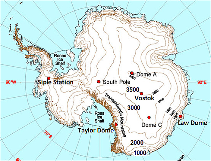 map of Antarctica with ice core locations