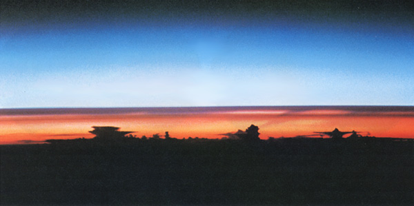 Photograph from Space Shuttle showing aerosol layer in upper atmosphere from Pinatubo eruption.