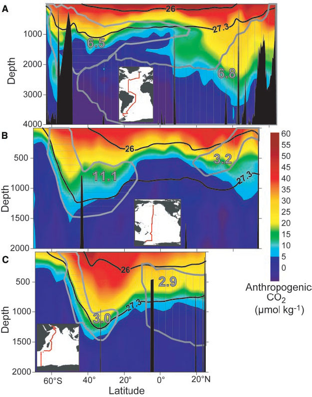 Latitude-depth sections of anthropogenic carbon in the Atlantic (A), Pacific (B), and Indian (C) oceans. Note that the depth scale is different in panel (A) from the other panels. Black lines denote two surfaces of constant potential density (expressed in σθ = density - 1000 kg m-3). Movements in the ocean are preferentially along lines of constant potential density because it requires no change in energy (adiabatic). Grey outlines and numbers denote different intermediate and deep water masses and their anthropogenic carbon content in PgC. From pmel.noaa.gov.