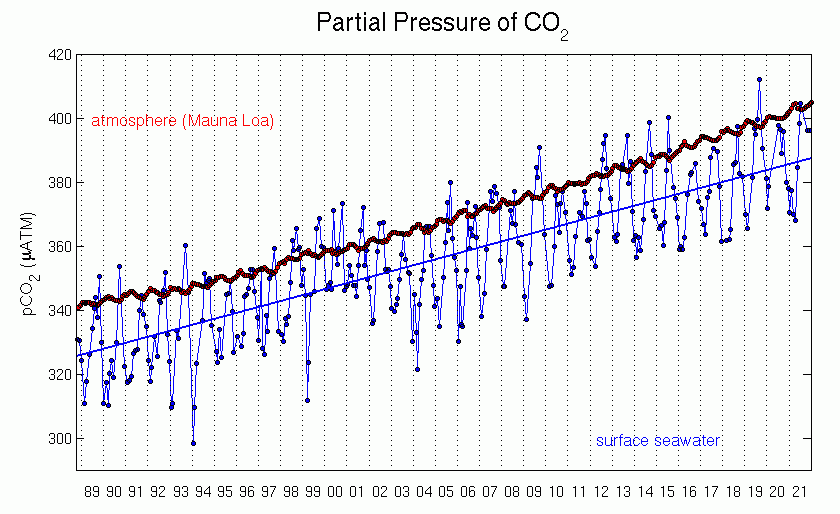 Timeseries of ocean pCO2 measurements from 1989 to 2021