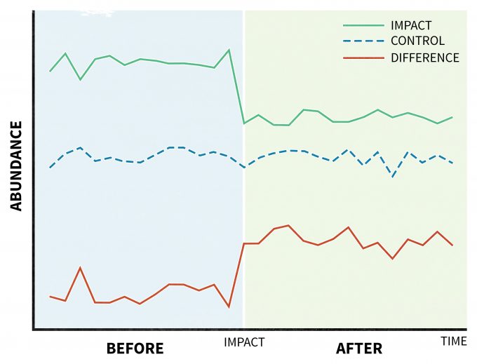 Figure 11.5. A hypothetical example of a BACI analysis where abundance samples are taken at control impact sites before and after the impact and compared to a control site (redrafted from Stewart-Oaten et al. 1986).