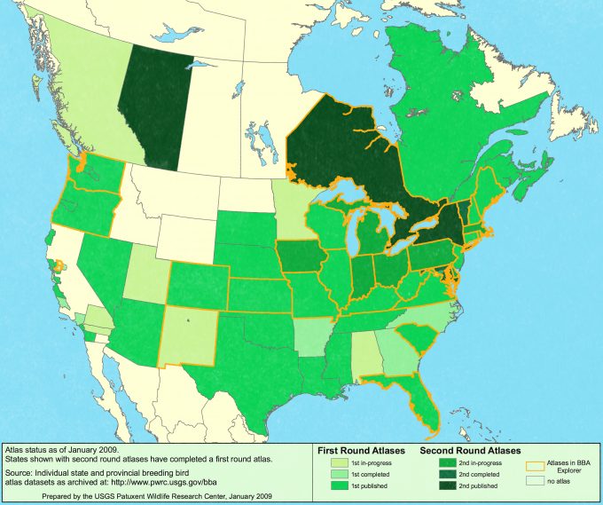 Figure 2.10. The distribution and status of breeding bird atlases throughout the United Sates and Canada. The darker states have completed or are in the process of completing a second atlas. Map created using Breeding Bird Atlas Explorer.