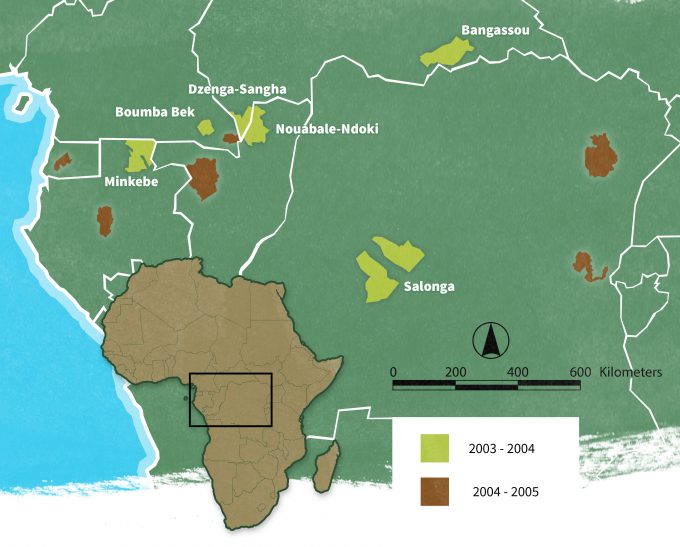 Figure 2.7. The suite of MIKE sites in the equatorial forests of central Africa. With permission from S. Blake.