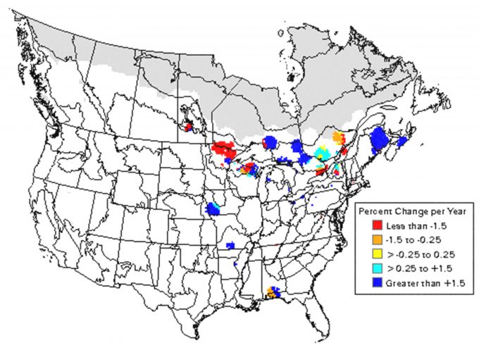 Figure 5.10. Predicted changes in American woodcock abundance over the species range (from Sauer et al. 2001).