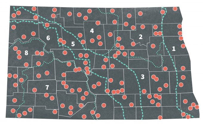 Figure 7.2. Biotic regions of North Dakota and random quarter section sample units. Dotted lines designate biotic regions (from Nelms et al. 1994).