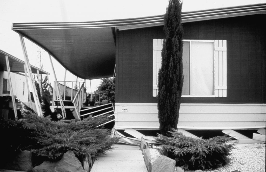 This manufactured home slipped off its supporting piers during an earthquake