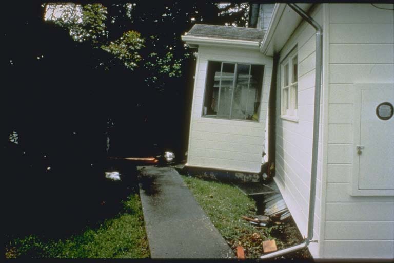 This house south of Petrolia, California, shifted off its foundation during the 1992 Petrolia Earthquake because it was not anchored to the foundation, and its cripple wall was not reinforced.