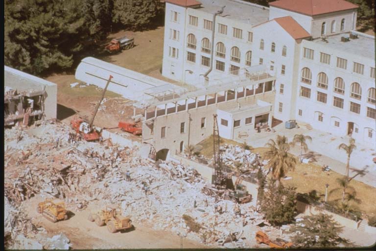 Aerial view of the damage to the San Fernando Veterans Administration Hospital campus after the 1971 Sylmar, California Earthquake.