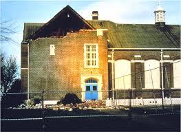 Damage to Molalla High School, an unreinforced-masonry (URM) building, from the Scotts Mills Earthquake of 1993