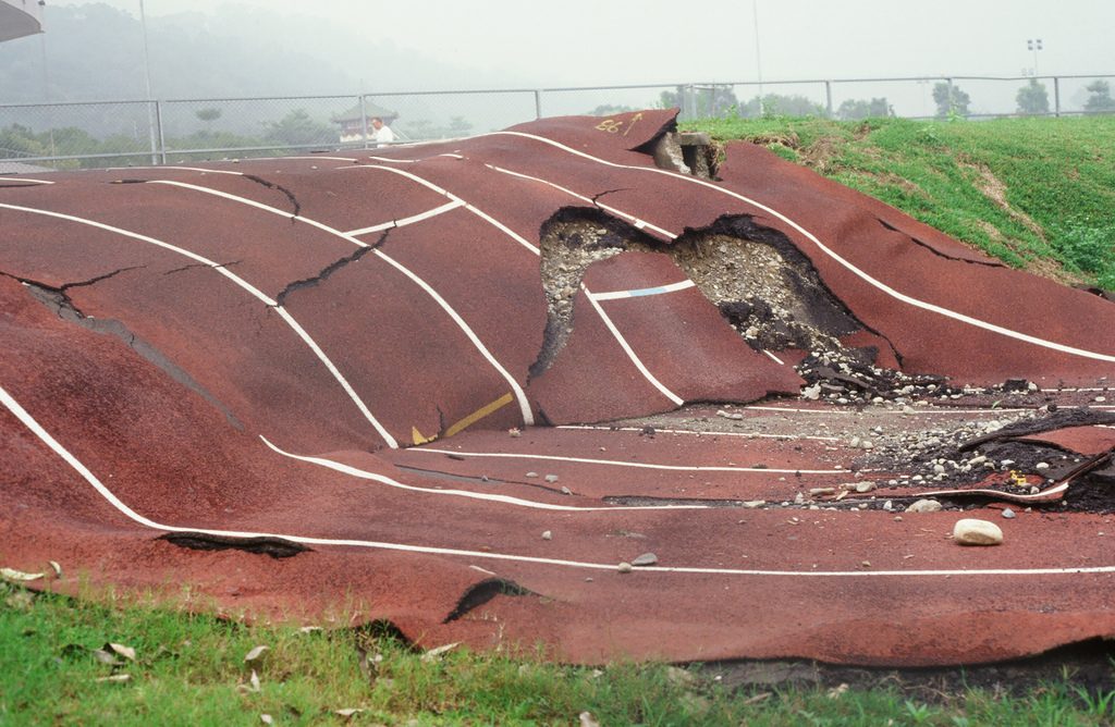 Reverse fault across a running track at Kuangfu High School in central Taiwan, formed by Chelungpu reverse fault during Chi-Chi earthquake