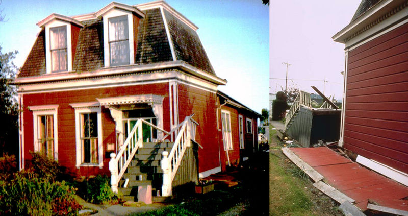 This Victorian wood-frame house in Ferndale, California, was built on a post-and-pier foundation, but was not bolted to its foundation, so that it slid off during the 1992 Cape Mendocino Earthquake.