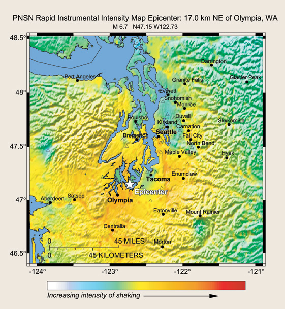 Experimental ShakeMap for Nisqually Earthquake based on forty-nine strong-motion seismograms (triangles), sixteen of which recorded peak accelerations greater than 10 percent g and two greater than 25 percent g