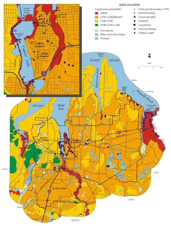 Liquefaction susceptibility map of the Olympia-Tumwater-Lacey area, Washington, published as Washington Division of Geology and Earth Resources GM-47 (Palmer et al., 1999)
