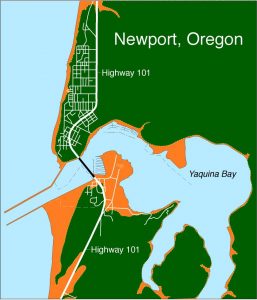 Tsunami inundation map of Newport, Oregon, with areas subject to inundation marked in orange