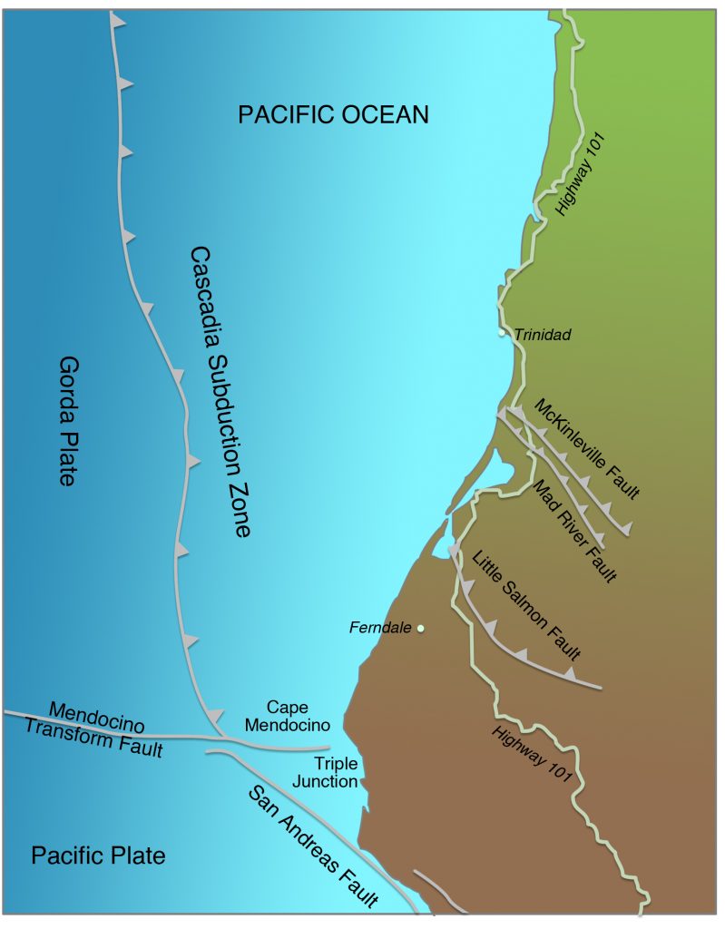 Computer-generated topographic map of California north coast showing the Triple Junction, the San Andreas Fault, the Mendocino Transform Fault, the Cascadia Subduction Zone, and active thrust faults onshore