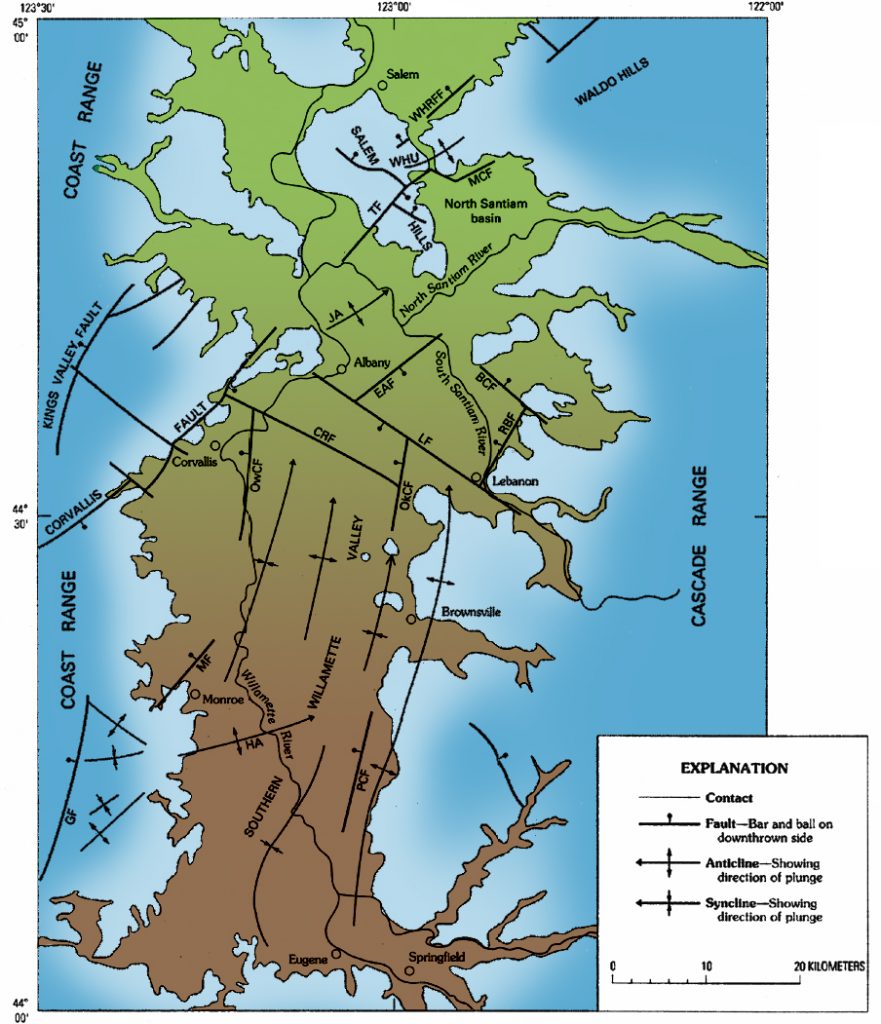 Tectonic map of the southern Willamette Valley, using a similar data set to that used for Figure 6-12