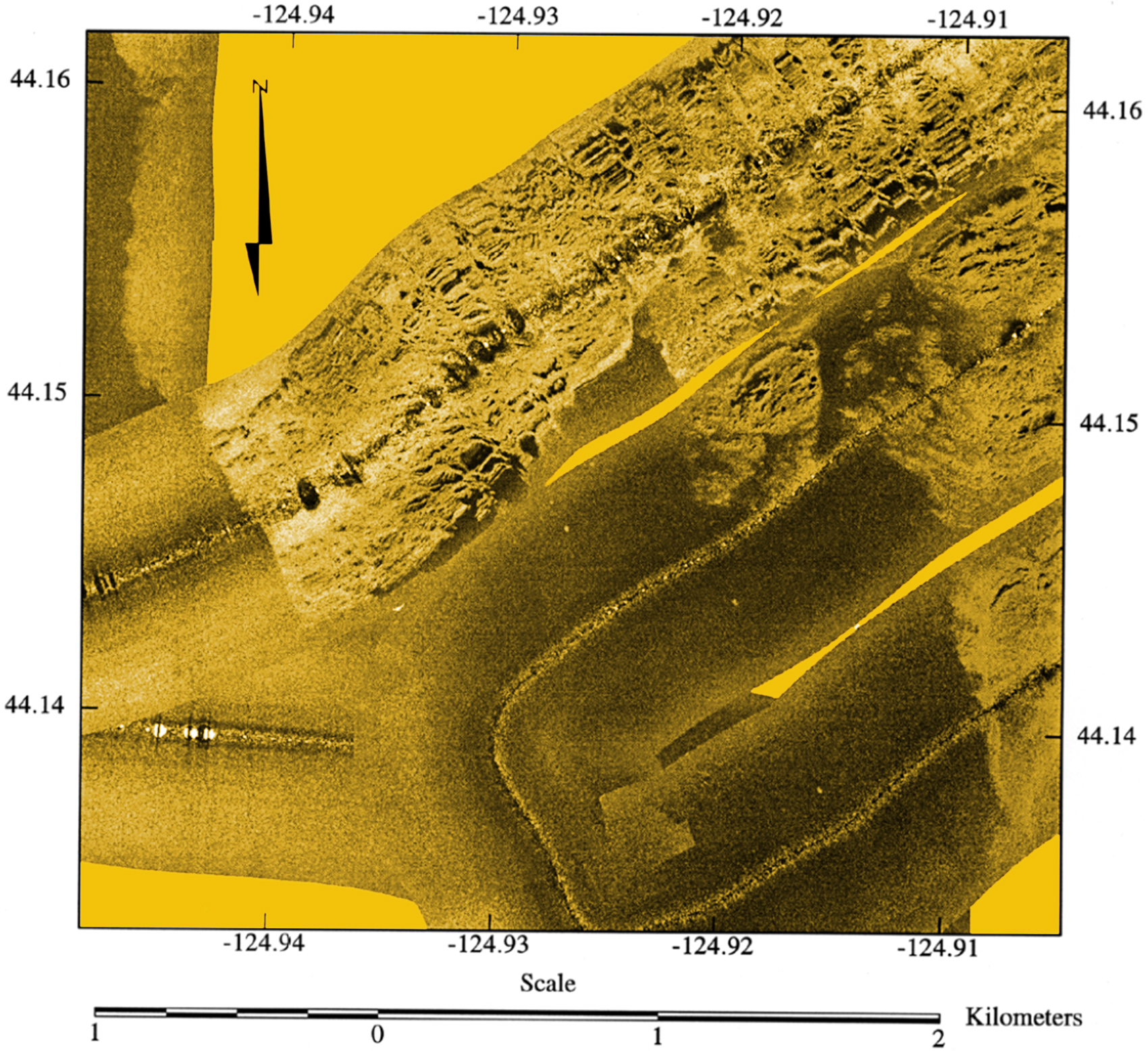 The other Oregon coast. Sidescan sonar imagery outlines a shoreline angle developed at the maximum Pleistocene ice advance twenty-one thousand years ago on the west side of Heceta Bank west of Florence, now covered with four hundred feet of sea water