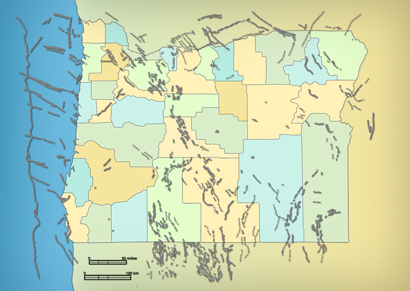 Map showing recent faults in Oregon, adjacent states, and the offshore region