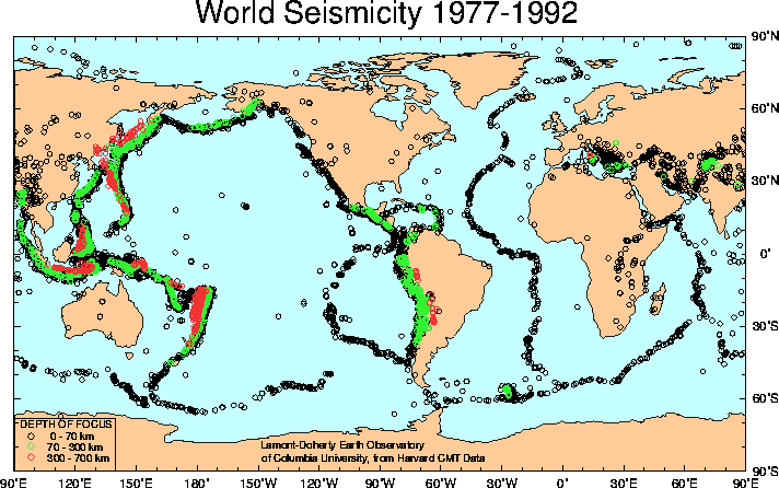 World map of seismicity, showing larger earthquakes